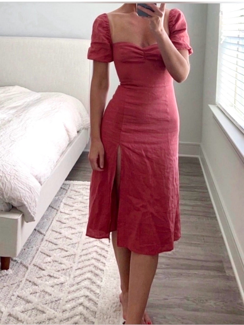 NWT Wilfred Dame Midi Dress Linen in Warm Sienna Red - Peach Pink Coral Aritzia